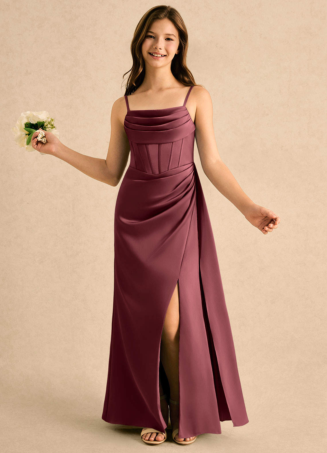 merlot formal dresses Azazie A-Line/Princess Cowl Neck Floor-Length Stretch Satin Flower Girl feminine outfit