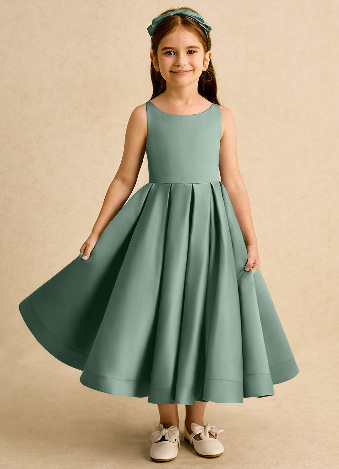 Azazie Babs Flower Girl Dresses Eucalyptus Ball-Gown Pleated Matte Satin Dress image1