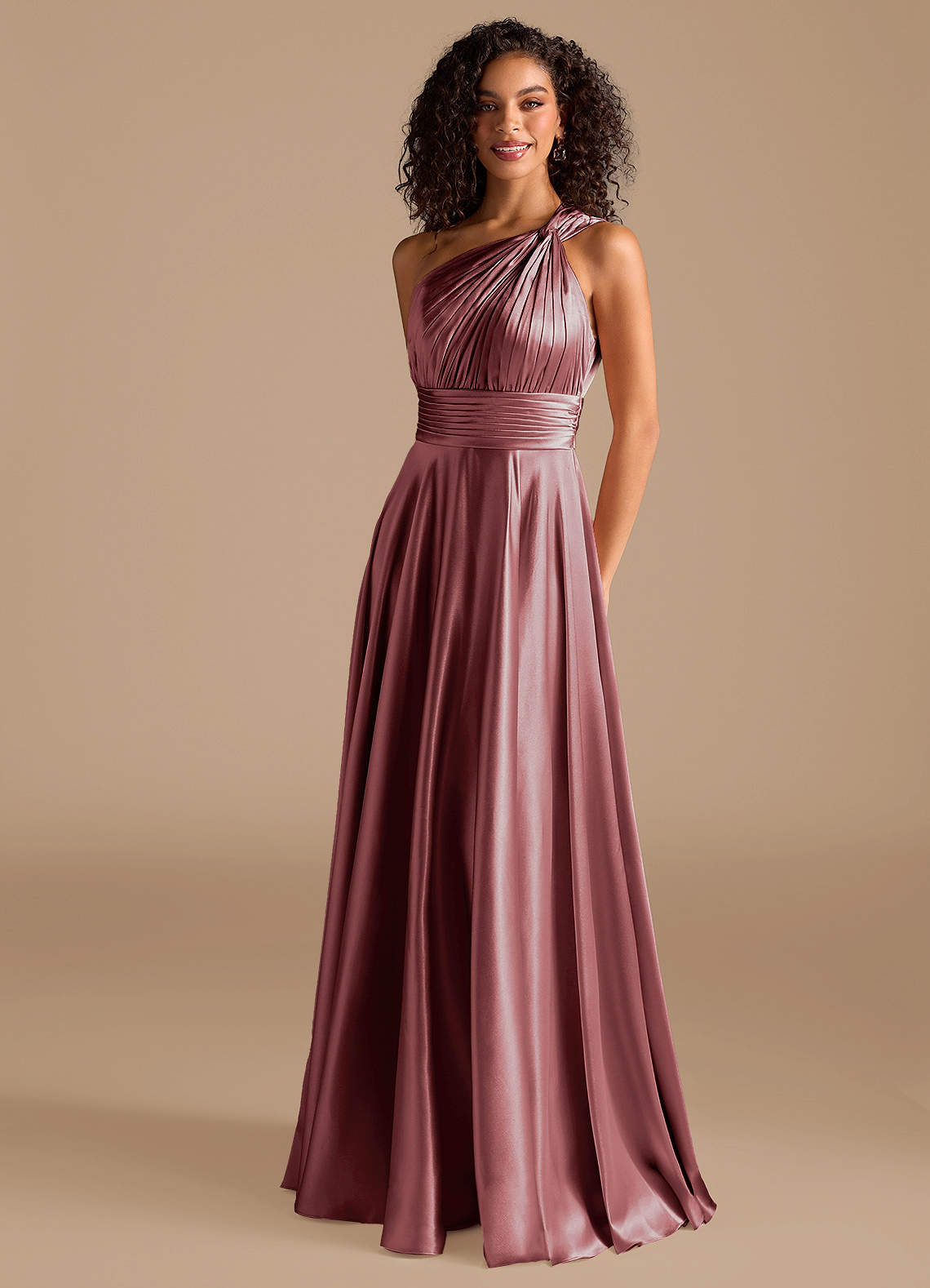 Azazie Charlize Bridesmaid Dresses Vintage Mauve A-Line One Shoulder Metallic Satin Dress image1