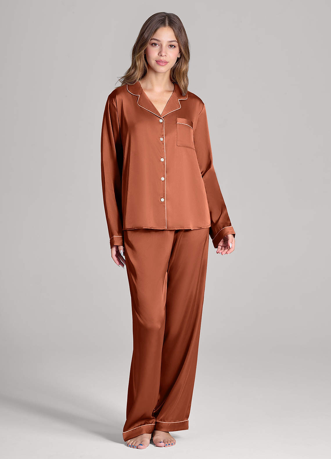 front Matching Color Long Sleeves and Pants Satin PJ Set
