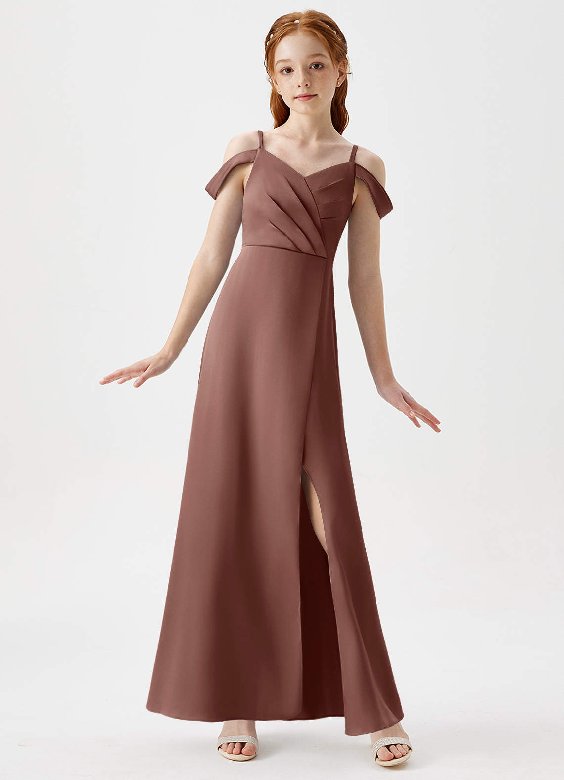 Azazie Ocean Junior Espresso A-Line Off the Shoulder Stretch Satin Dress image1