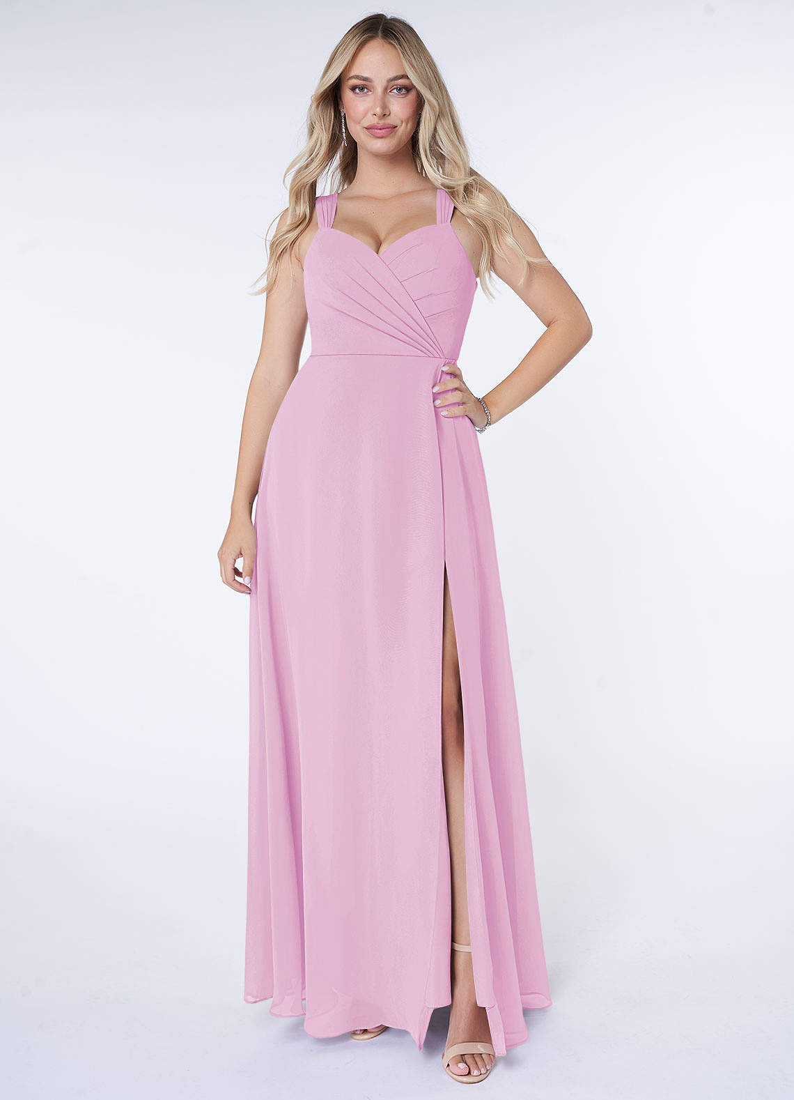 Azazie Nahrin Brautjungfernkleider A-Linie V-Hals Gefaltet Chiffon Kleid Bonbonrosa image1