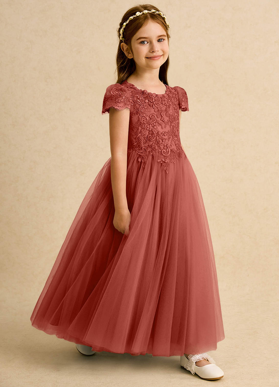 Azazie Puff Robe Demoiselle D'honneur Fillette Robe Princesse en Tulle Dentelle Terracotta image2