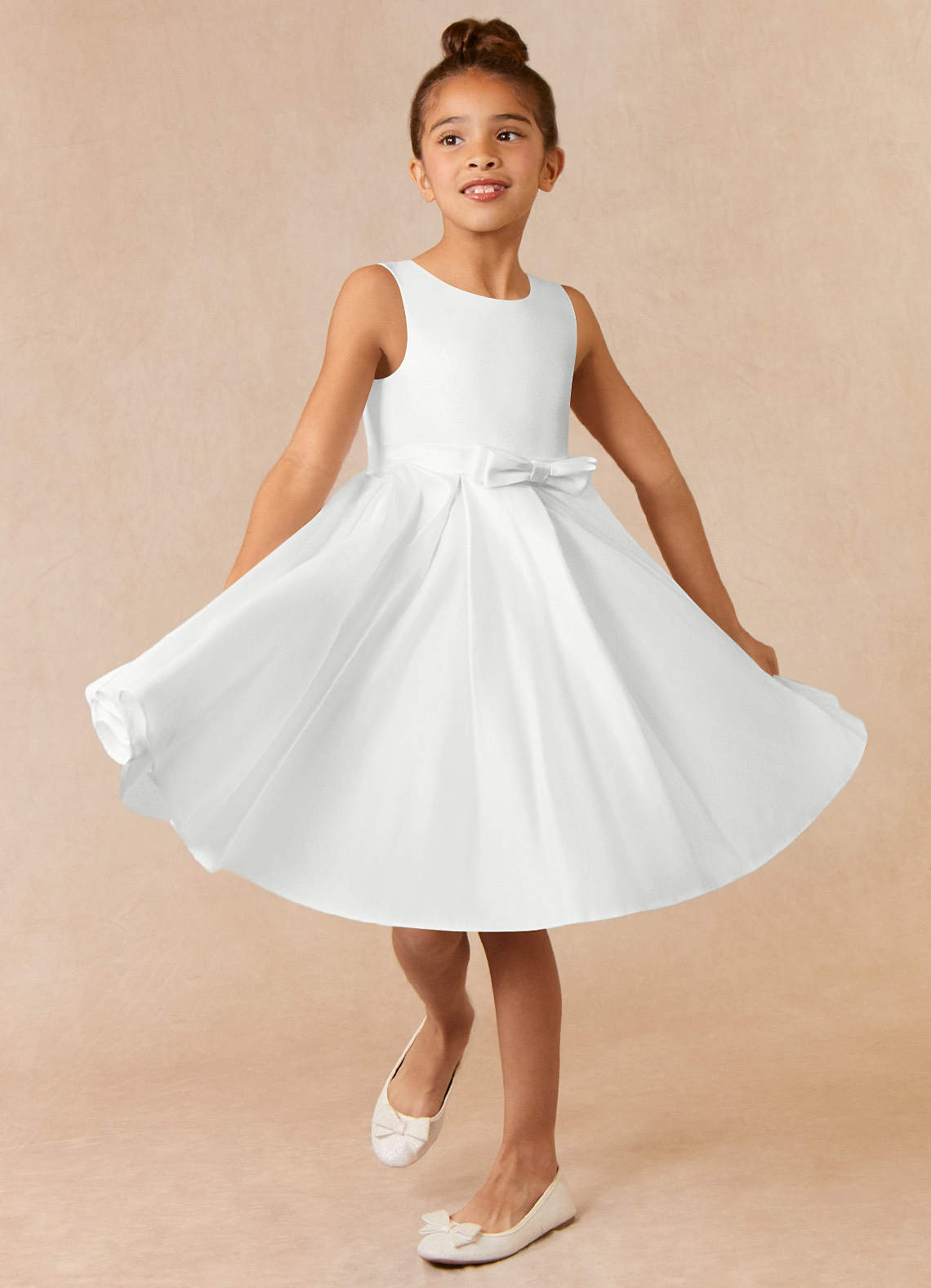 Azazie Coco Flower Girl Dresses Diamond White A-Line Bow Matte Satin Dress image1