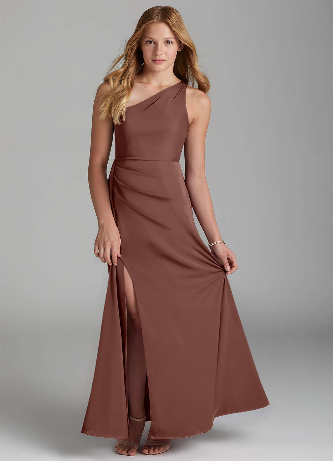 Azazie Maron Junior A-Linie Plissee Stretch-Satin Kleid Espresso image1