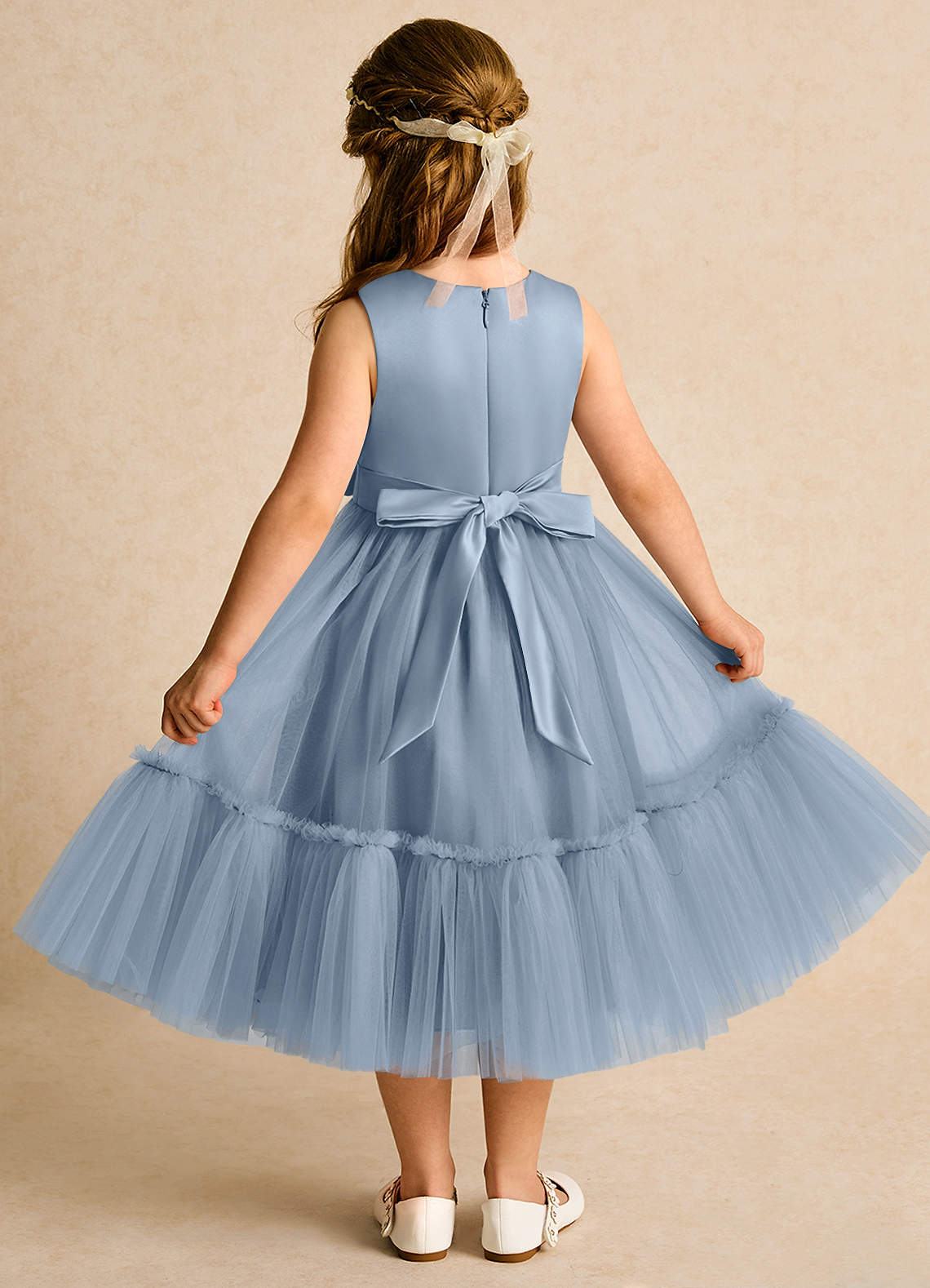 Azazie Miracle Flower Girl Dresses Dusty Blue A-Line Bow Matte Satin Dress image1