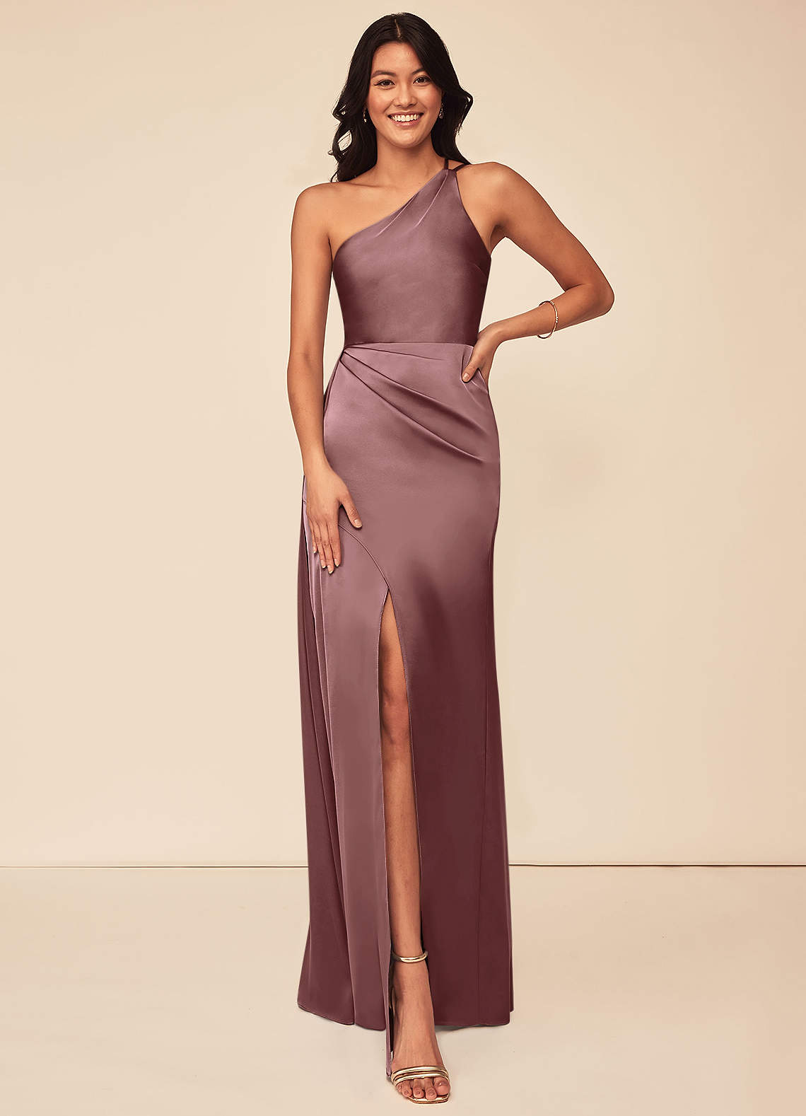 Azazie Maron Bridesmaid Dresses Vintage Mauve A-Line One Shoulder Stretch Satin Dress image1