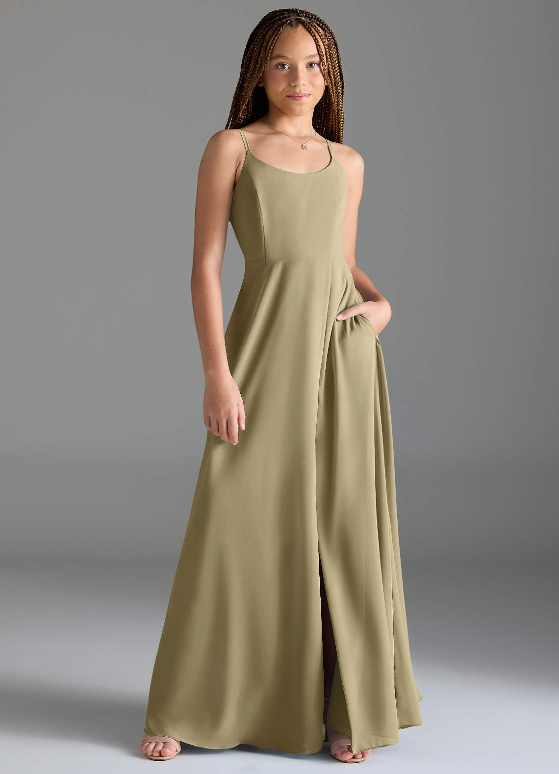 Azazie Moira Junior A라인 포켓이 있는 쉬폰 플로어 길이 주니어 신부 들러리 드레스 image1