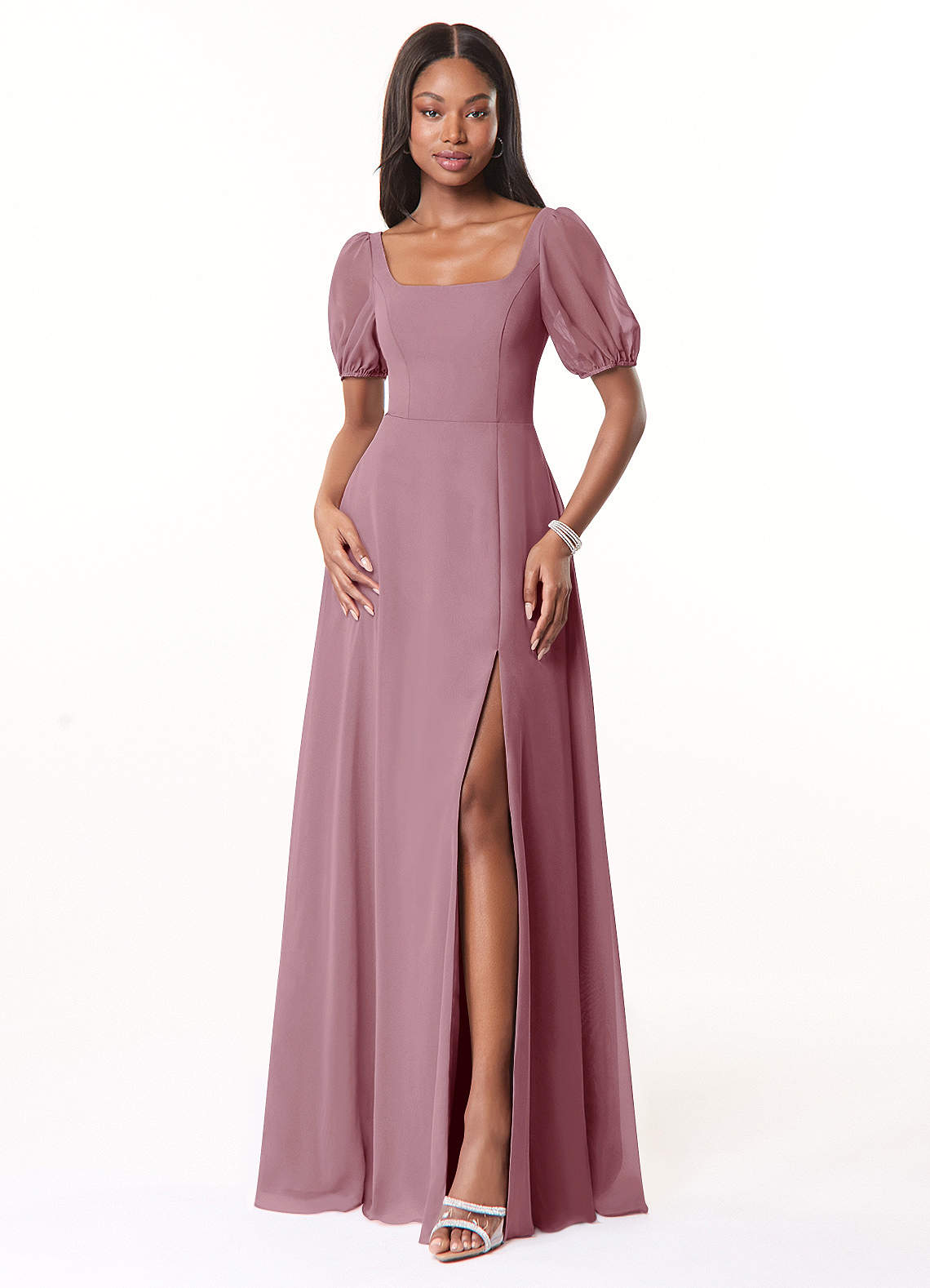 Azazie Alani Bridesmaid Dresses Vintage Mauve A-Line Square Neckline Chiffon Dress image1