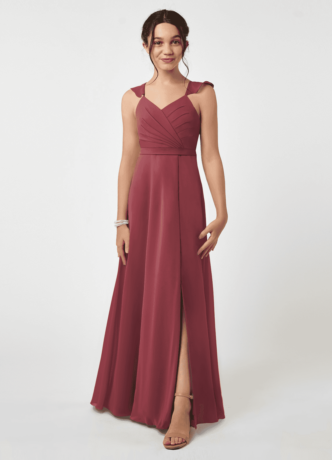 Azazie Emily Junior Robe Trapèze en Mousseline de soie Rayé Merlot image1