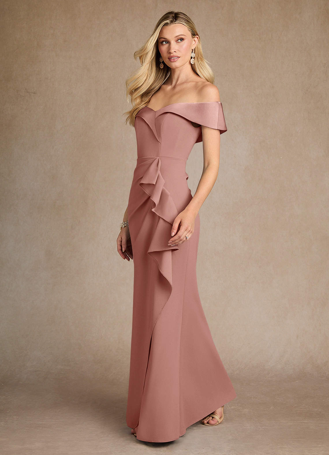 Azazie Laredo Mother of the Bride Dresses Dusty Rose Mermaid Off the Shoulder Stretch Crepe Dress image1