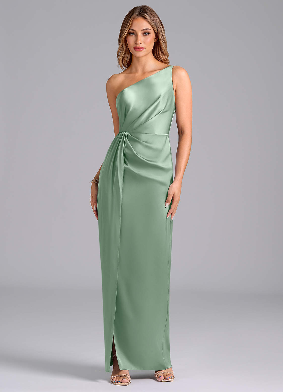 Azazie Naria Bridesmaid Dresses Agave Sheath One Shoulder Stretch Satin Dress image1