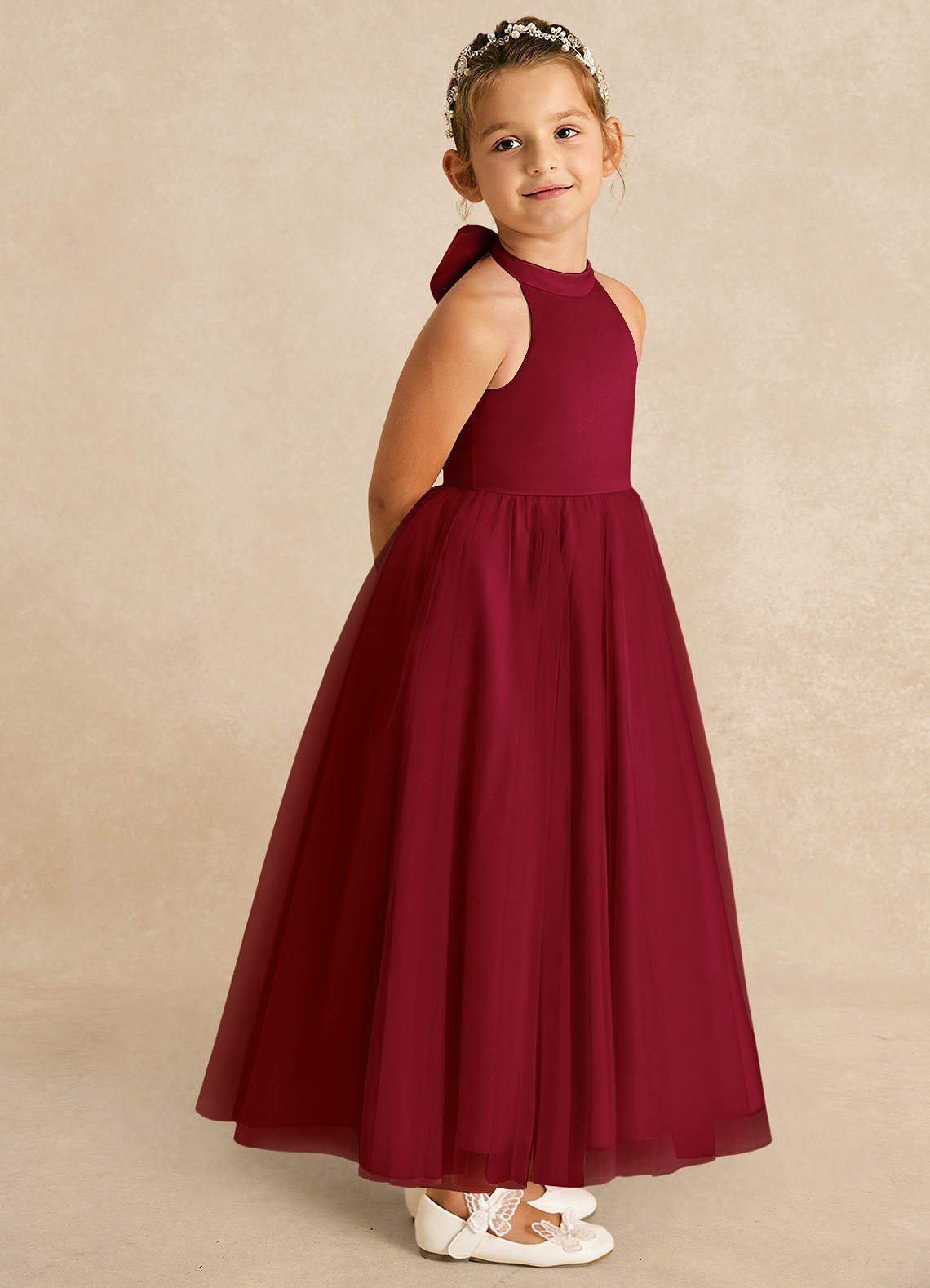 Azazie Bev Flower Girl Dresses Burgundy A-Line Convertible Tulle Dress image7