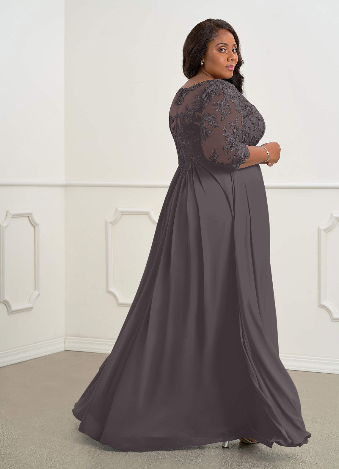 Azazie Hayek Steel Grey A-Line V-Neck Lace Chiffon Dress | Azazie
