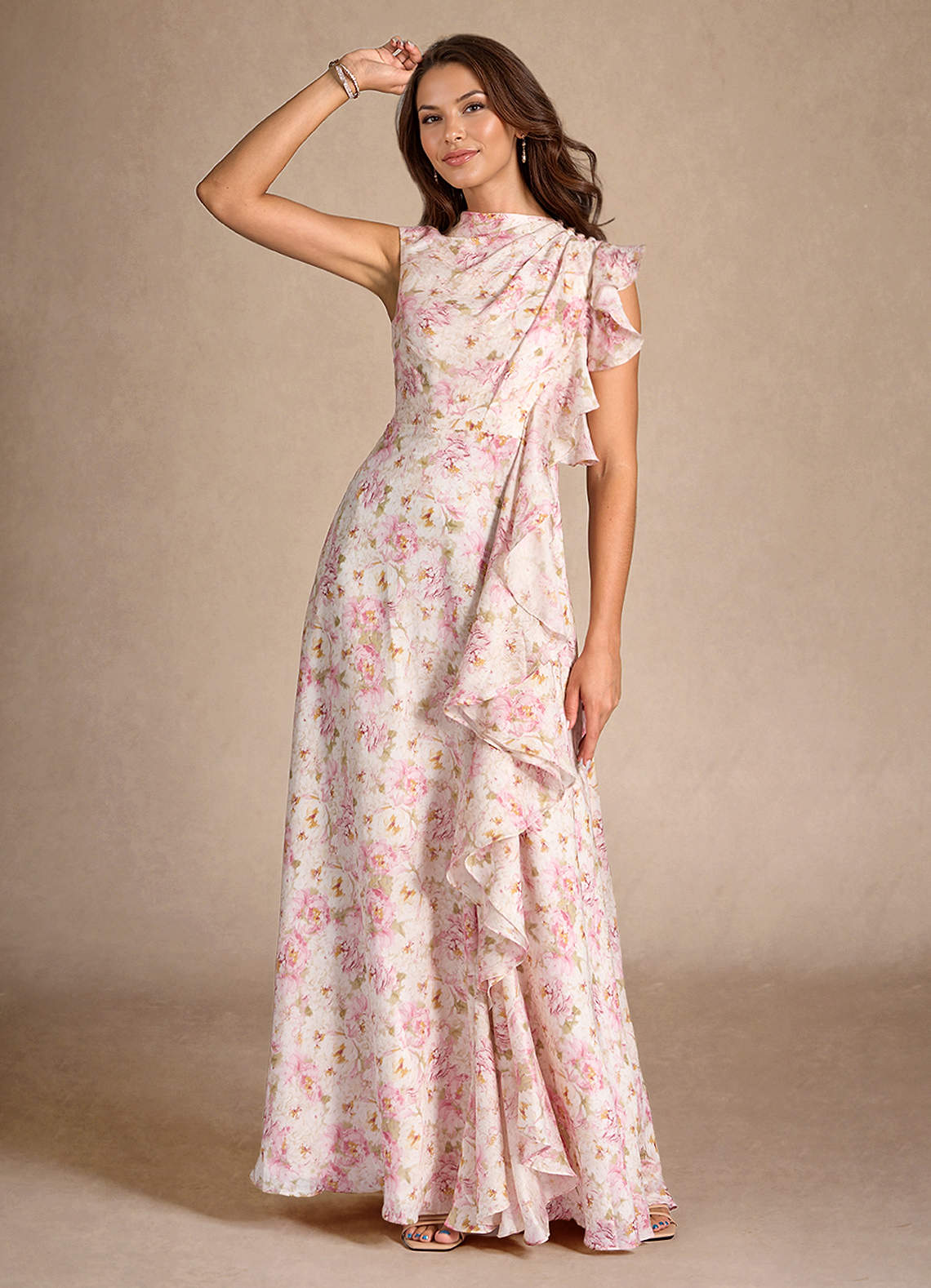 Azazie Narine Kleider für die Brautmutter A-Linie Plissee Chiffon mit Blumenmuster Kleid Antike Rose Blumen image1