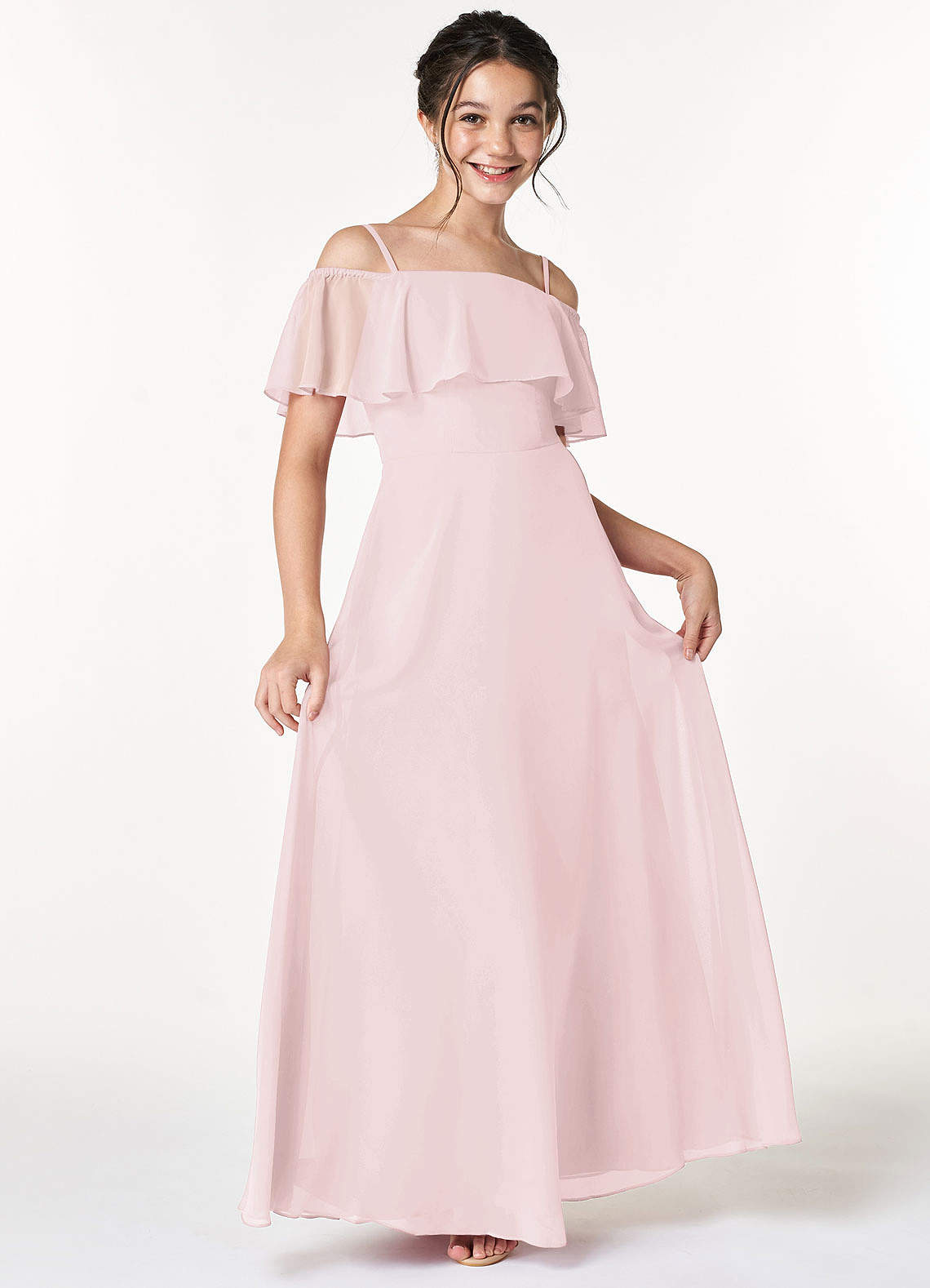 Azazie Maggie Junior Blushing Pink A-Line Off the Shoulder Chiffon Dress image2