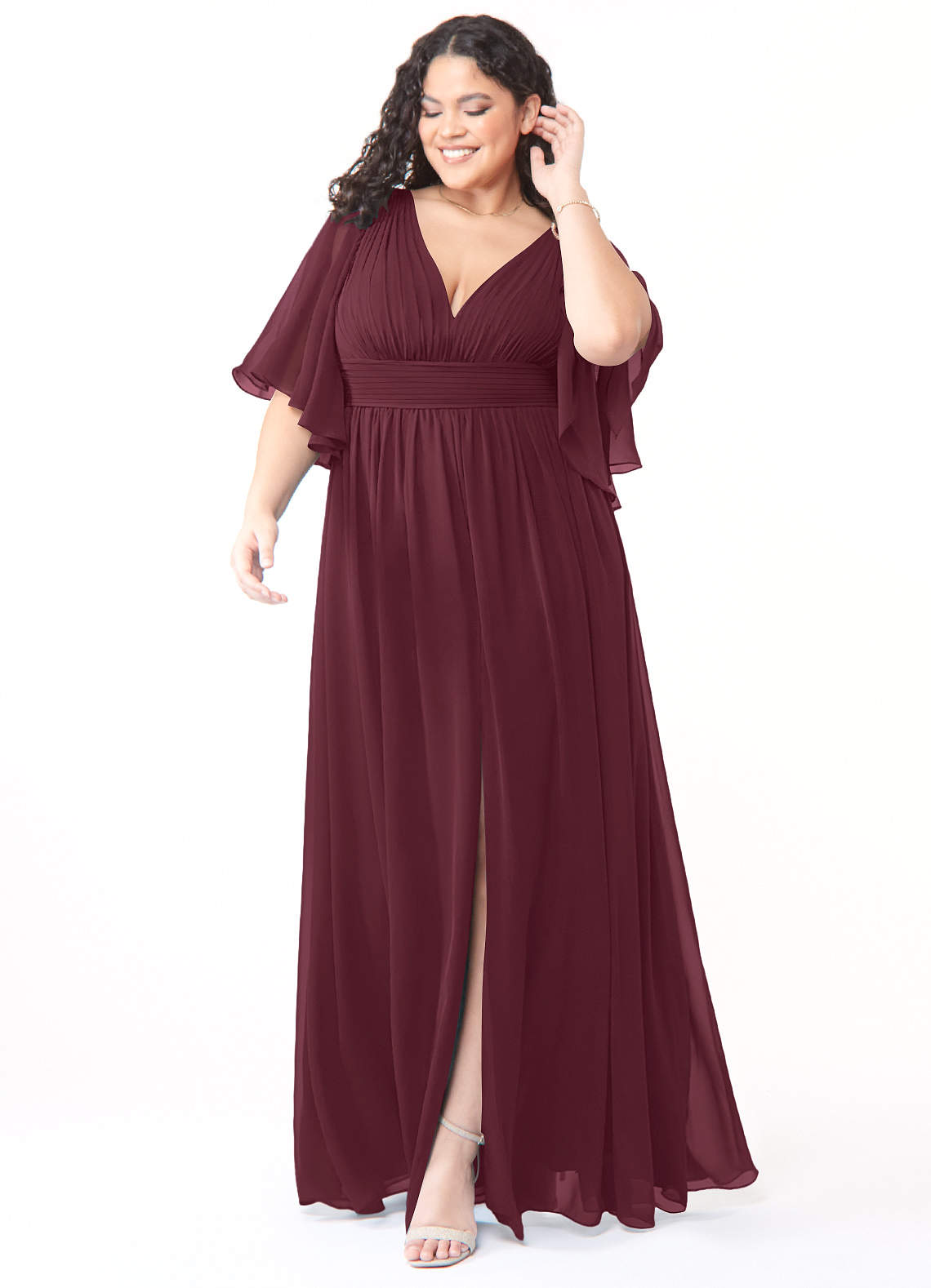 Azazie Temeka Robes de demoiselle d'honneur Robe Trapèze en Mousseline de soie Rayé Cabernet image1