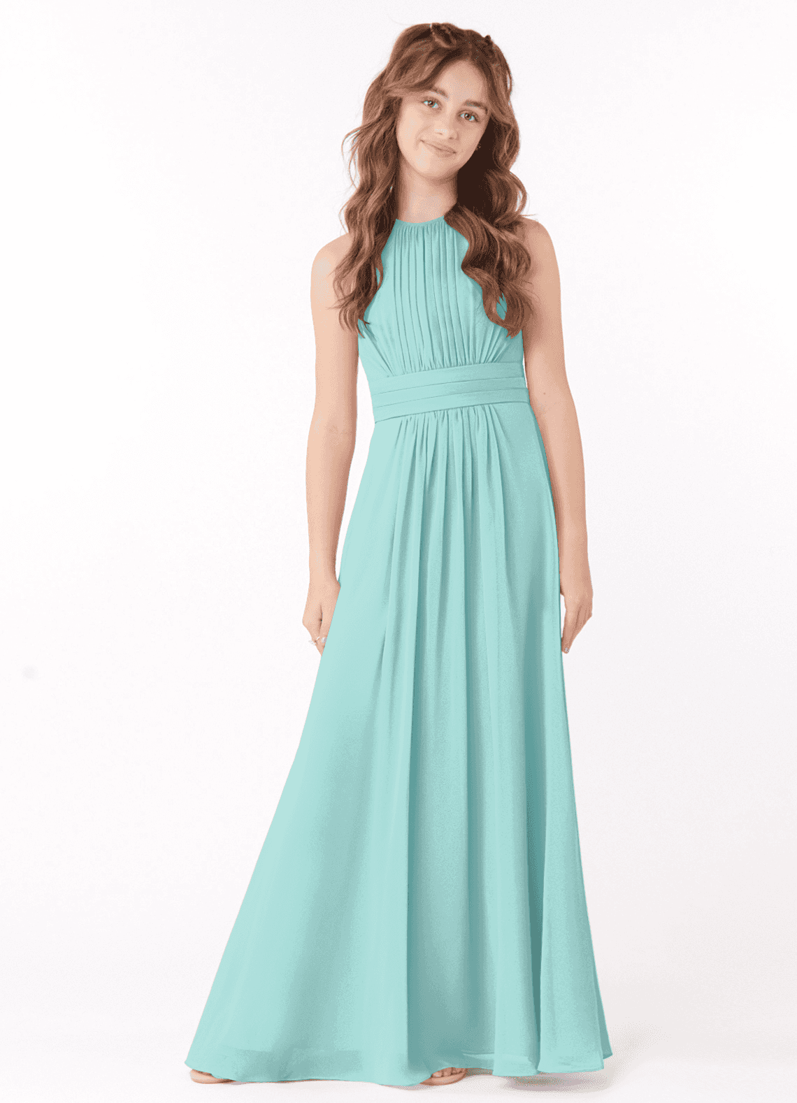 Azazie Bonnie Junior Aqua A-Line Pleated Chiffon Dress image1