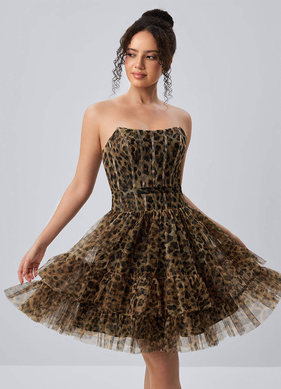 leopard a line mini dress Leopard Print Corset A-Line Mini Dress with Drop Waist Brown / S