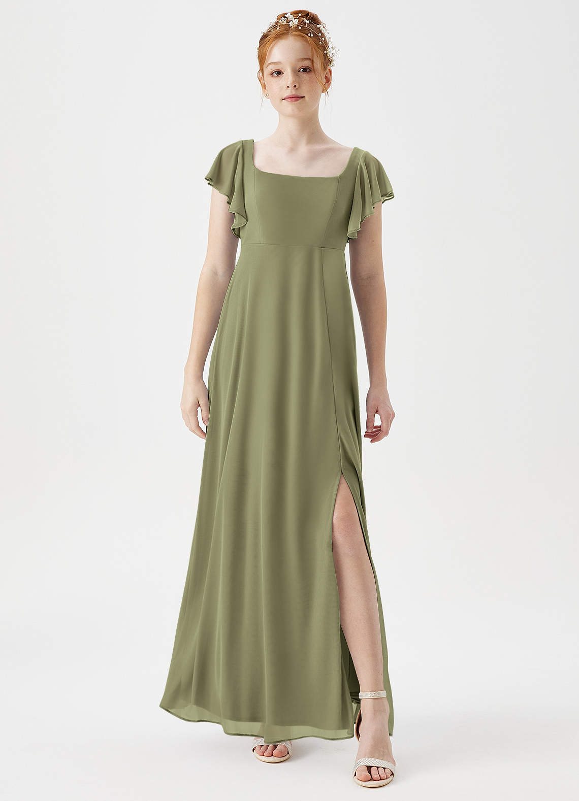 Azazie Bondi Junior A-Linie Seitliche Cut-Outs Gittergewebe Kleid Pistazie image1