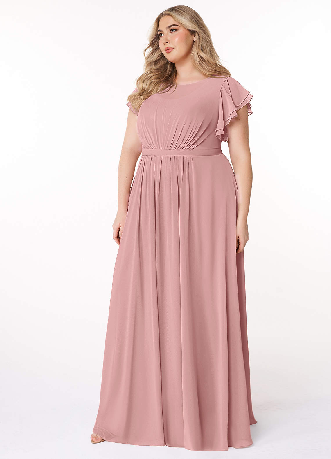 Azazie Plus Size A-Line/Princess Scoop Neck Floor-Length Chiffon Modest Bridesmaid Dresses