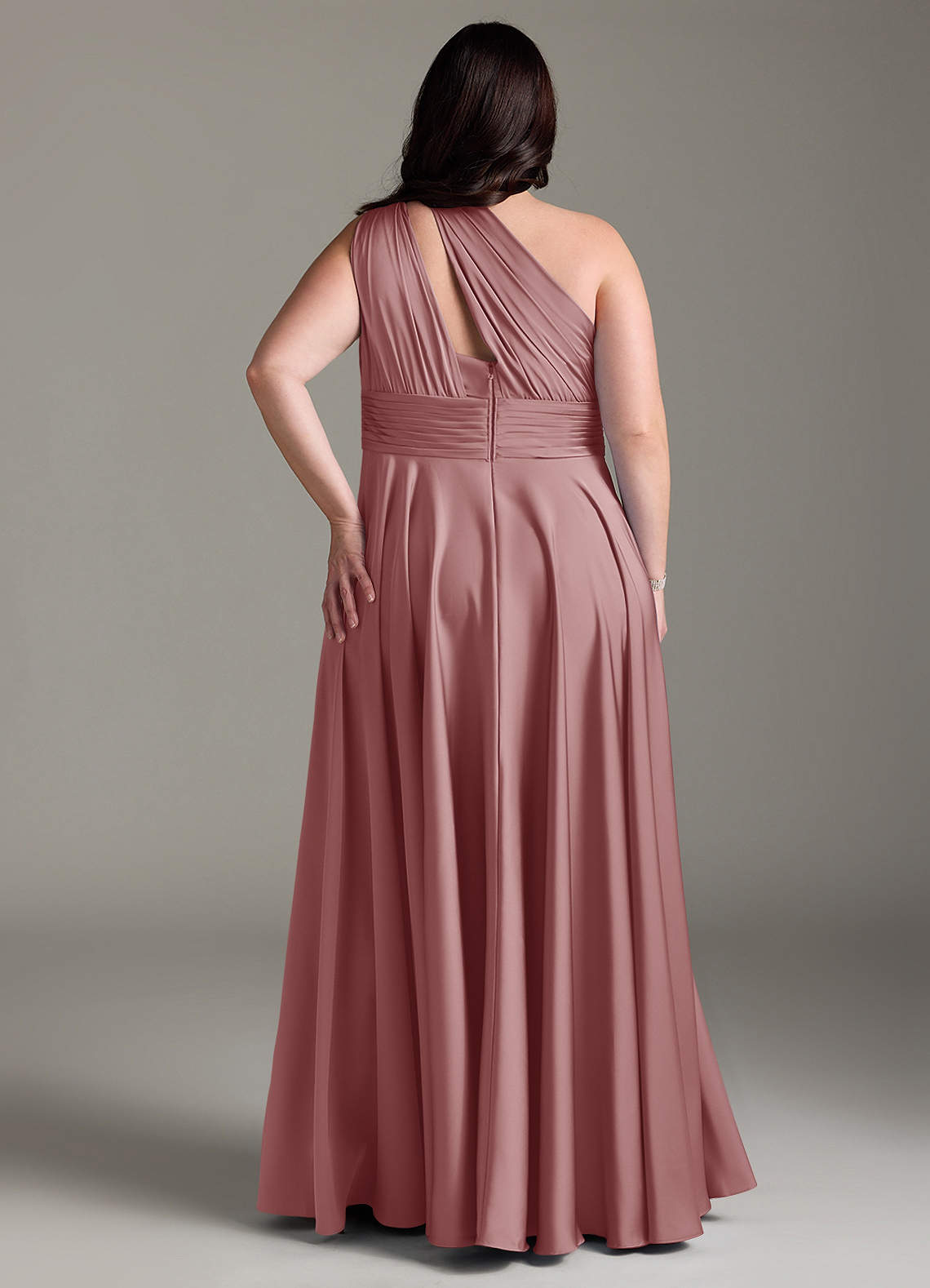 Azazie Charlize Bridesmaid Dresses Dusty Rose A-Line One Shoulder Stretch Satin Dress image9