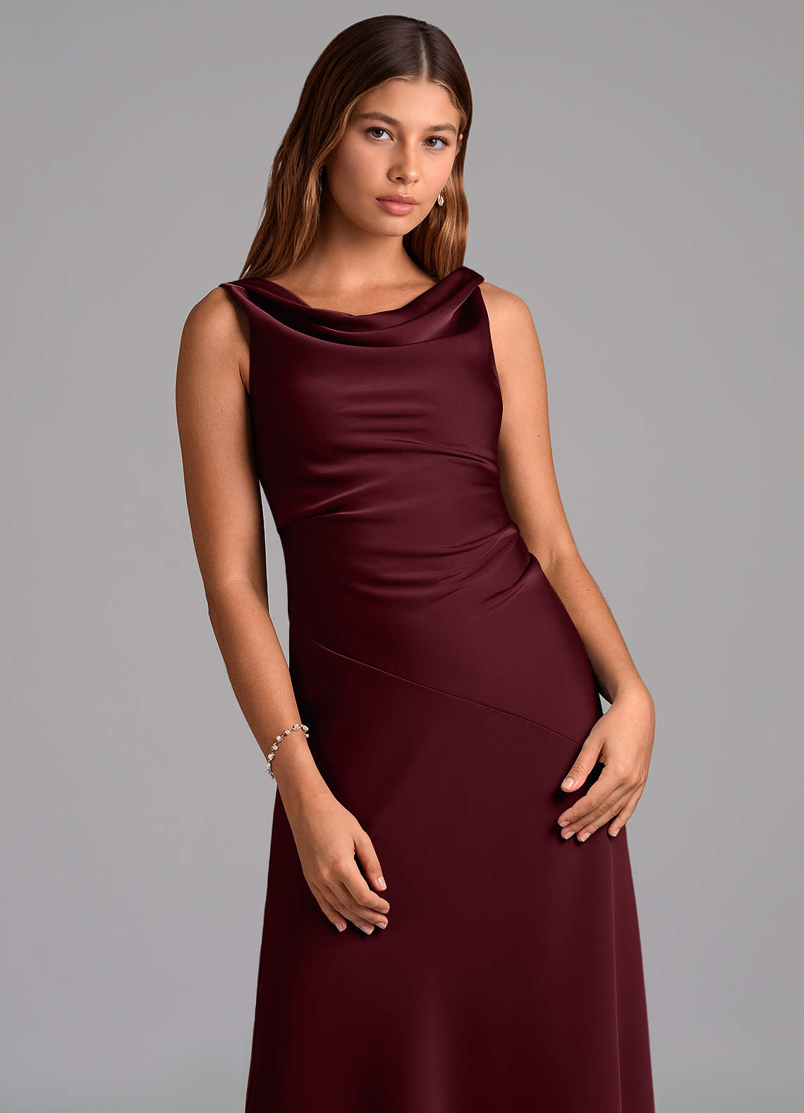 Azazie Nerine Bridesmaid Dresses Cabernet A-Line Pleated Stretch Satin Dress image5