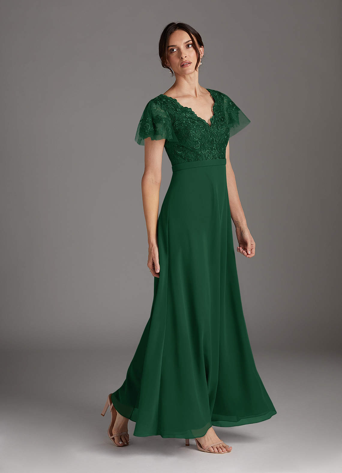 Azazie Singer Dark Green A-Line V-Neck Lace Chiffon Dress