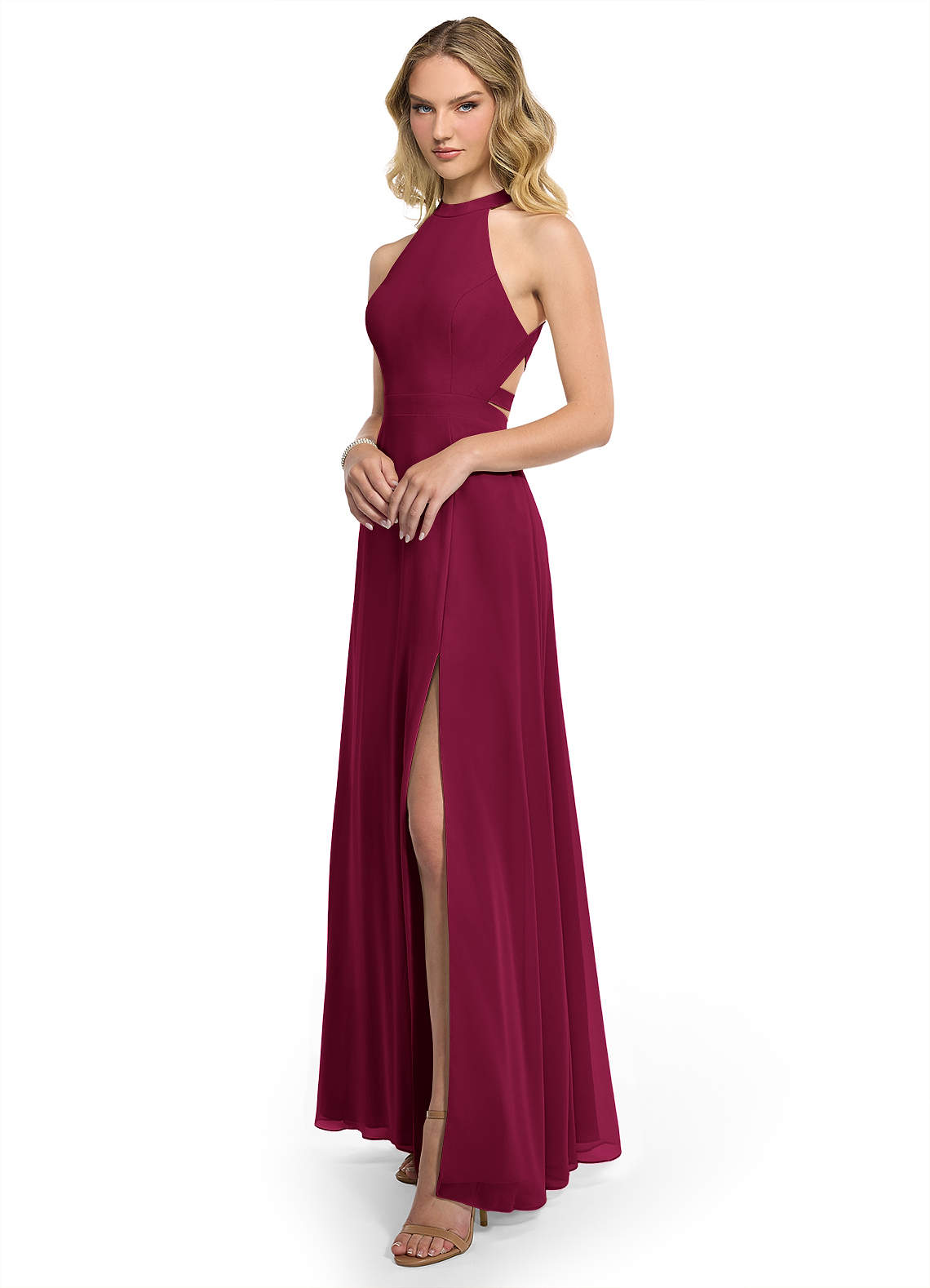 azazie burgundy bridesmaid dresses A-Line Halter Neck Floor-Length Chiffon and removable pleated off ruffle dresses Excited for summer eyelet Style:P20DR0320036681N