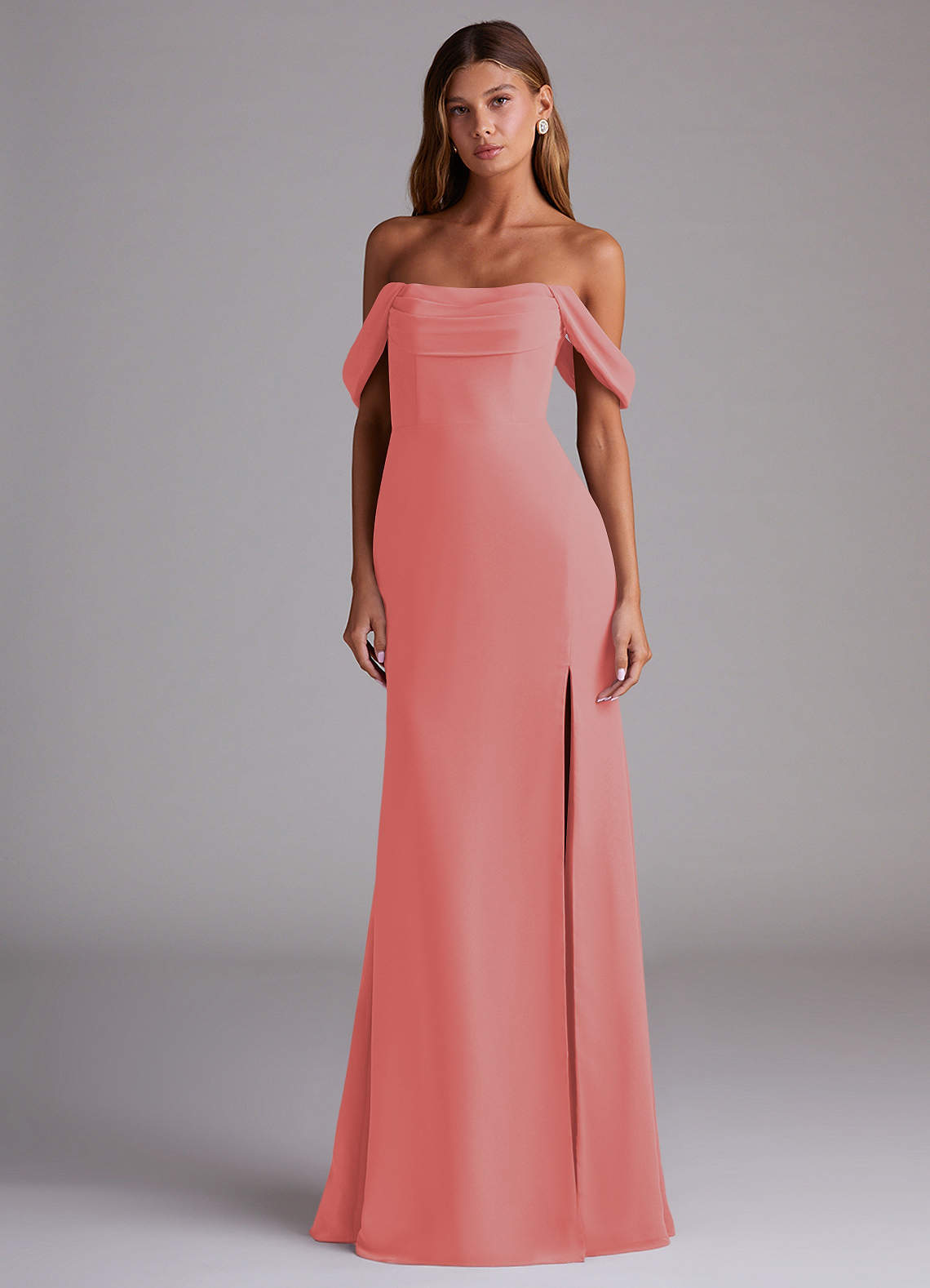 Azazie Saige Bridesmaid Dresses Coral A-Line Off the Shoulder Chiffon Convertible Dress image2