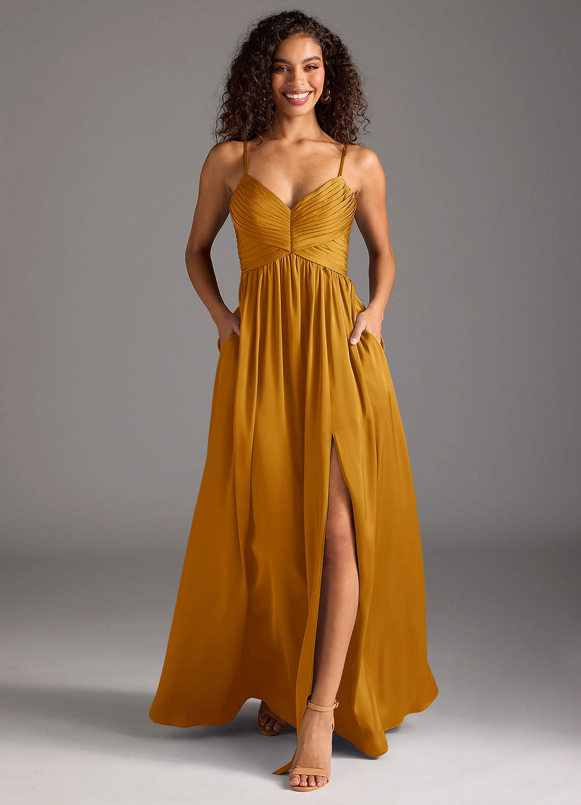 Azazie Alia Butterscotch Stretch Satin Bridesmaid Dresses | Azazie