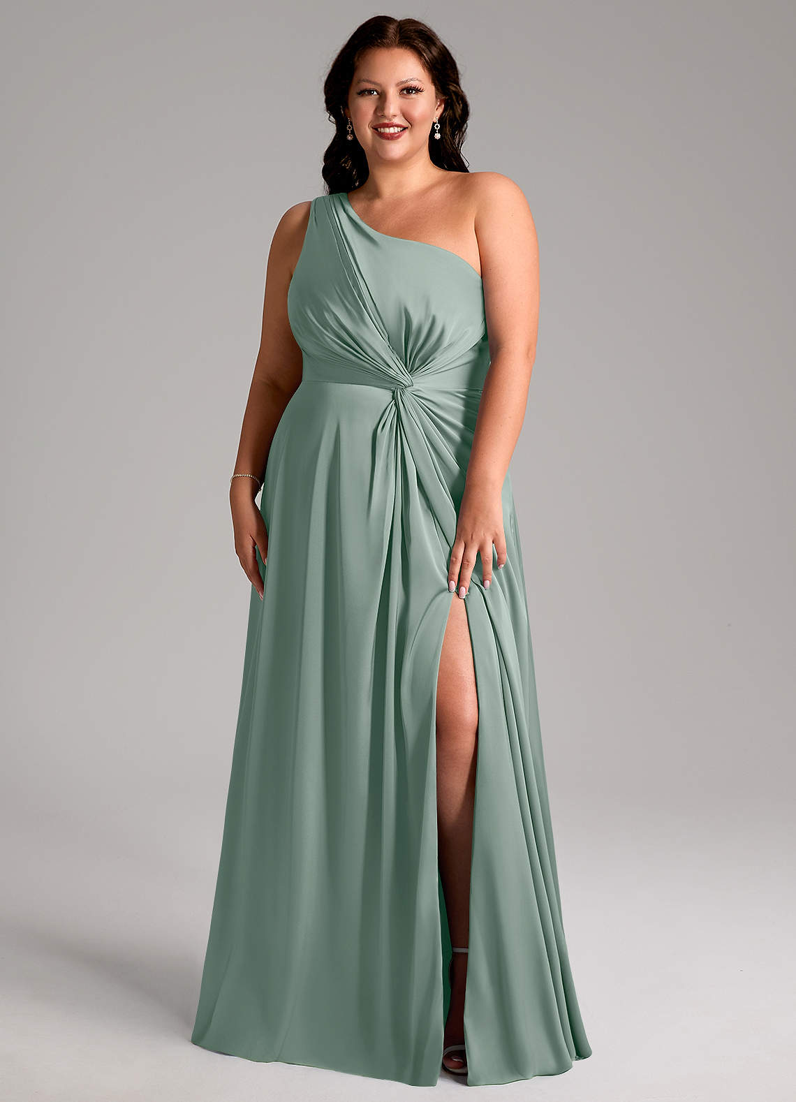 Azazie Brooke Bridesmaid Dresses Silver Sage A-Line One Shoulder Stretch Satin Dress image1