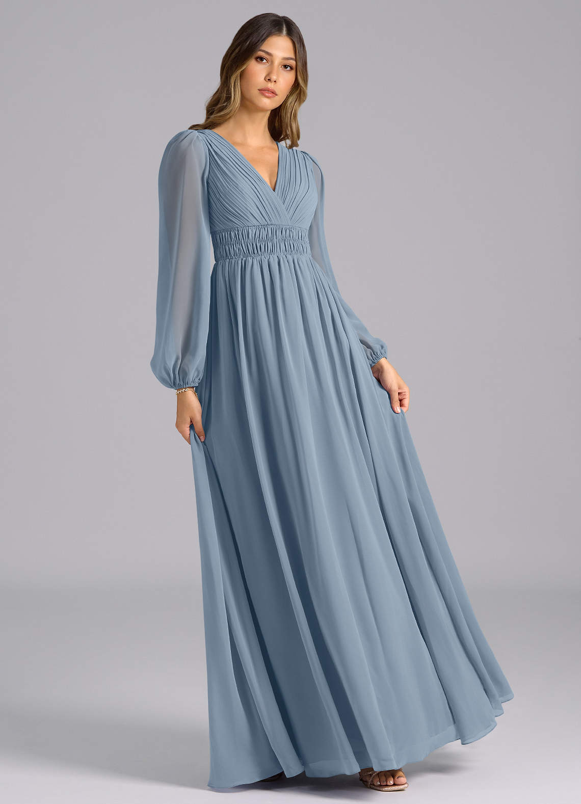 Azazie Palerma Jurken voor bruidsmeisjes Jurk van Chiffon met A-Lijn Lange mouw Stoffig Blauw image3