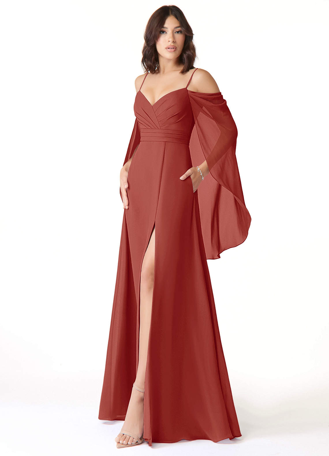 Warm A-Line Sweetheart Cold-Shoulder Ruffle Open-Back Terracotta Chiffon Floor-Length Bridesmaid Dresses main image 1