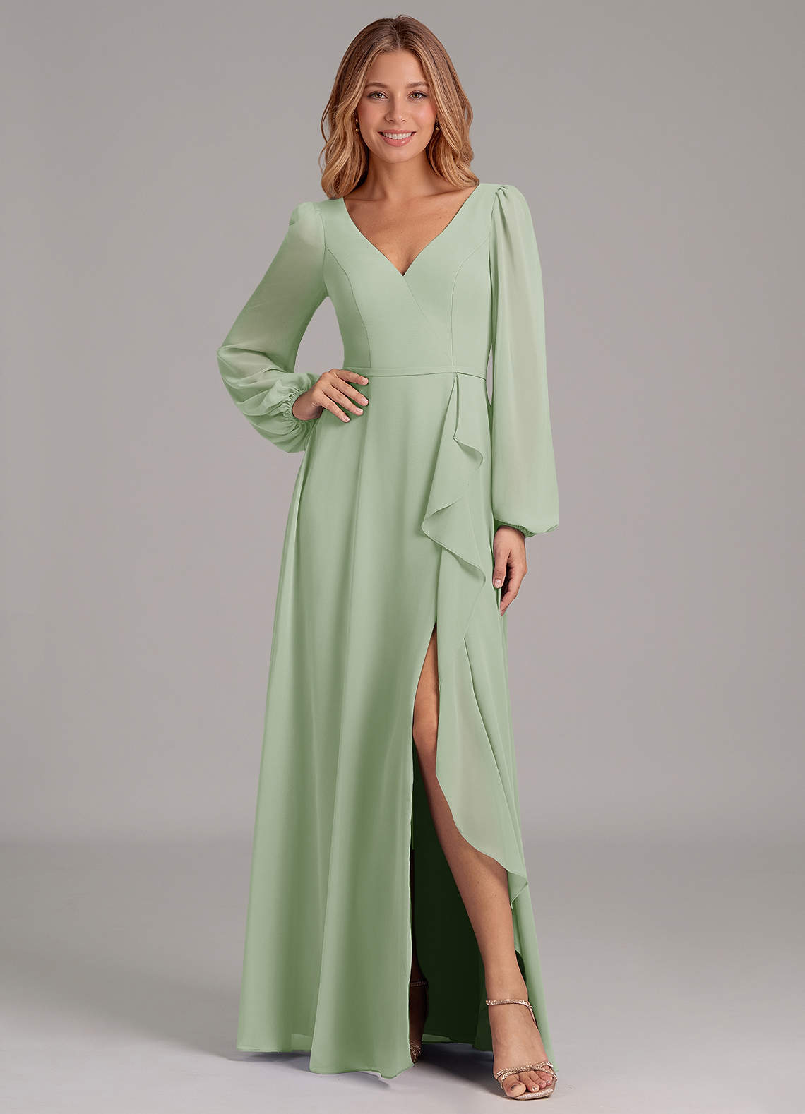Azazie Simone Bridesmaid Dresses Dusty Sage A-Line Long Sleeve Chiffon Dress image1