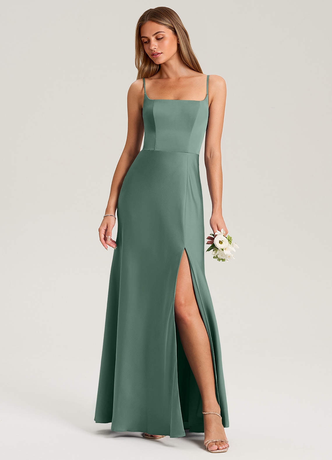 Azazie Lidia Brautjungfernkleider Meerjungfrau-Linie Seitliche Cut-Outs Stretch-Satin Kleid Eukalyptus image1