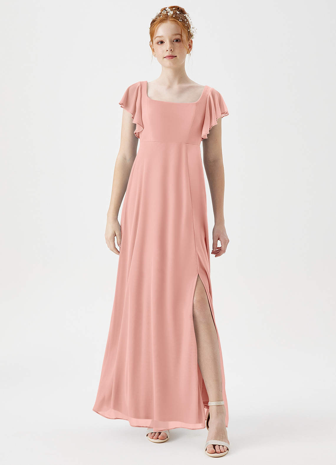 Azazie Bondi Junior Rosette A-Line Side Slit Mesh Dress image1