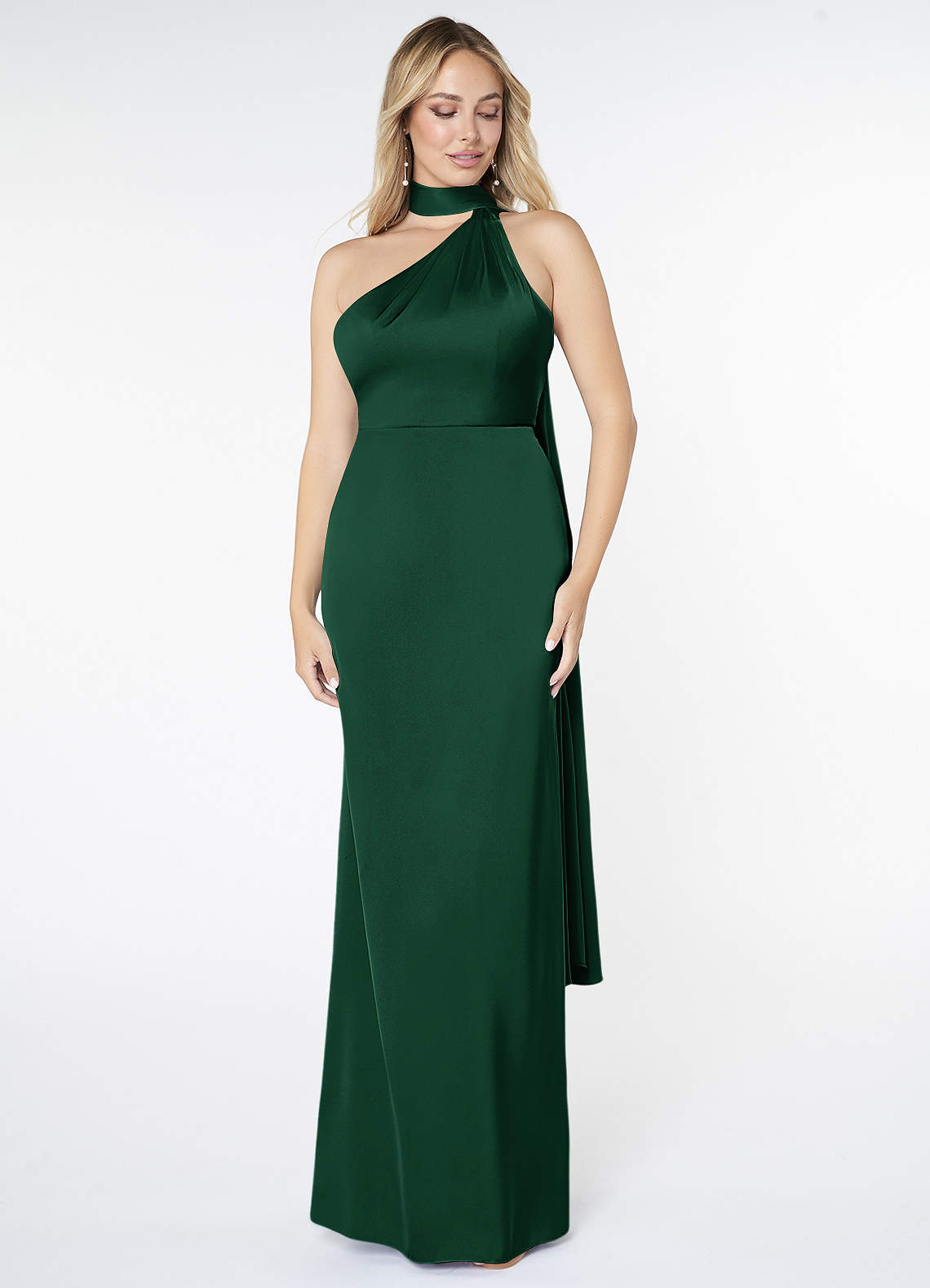 Azazie Kaylani Bridesmaid Dresses Dark Green Mermaid High Neck Stretch Satin Dress image1
