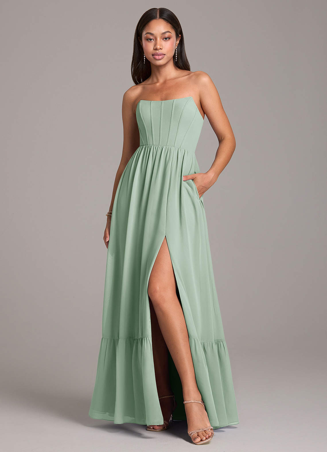 Azazie Kailee Bridesmaid Dresses Agave A-Line with Pockets Chiffon Dress image1