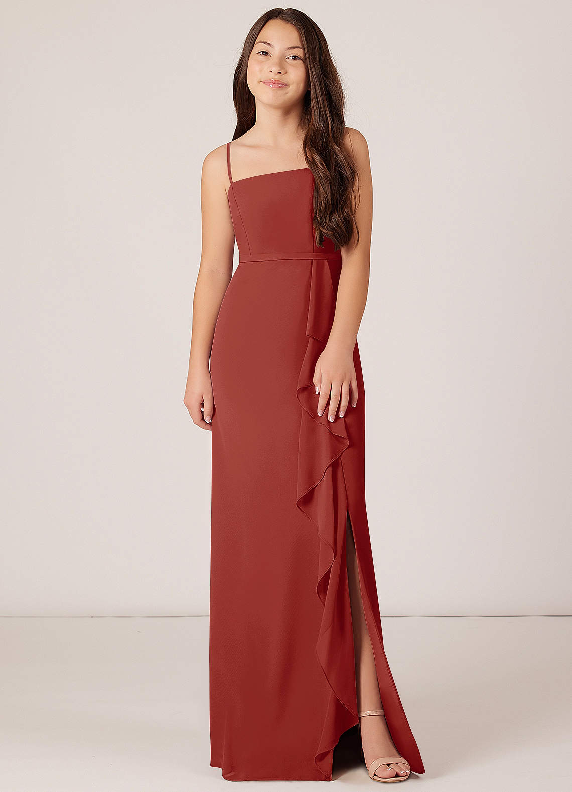 Azazie Kaylee Junior Terracotta A-Line with Belt Chiffon Dress image1