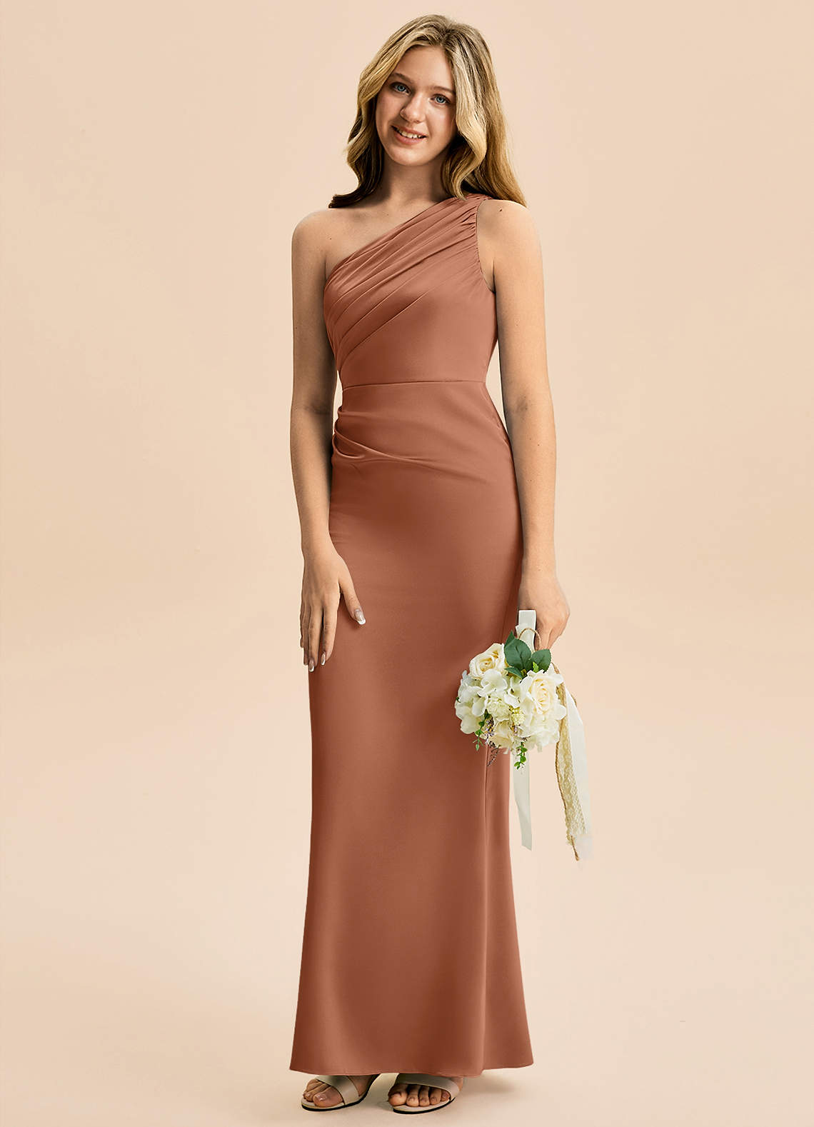 Azazie Akilah Junior Bronzer Sheath Pleated Stretch Satin Dress image4