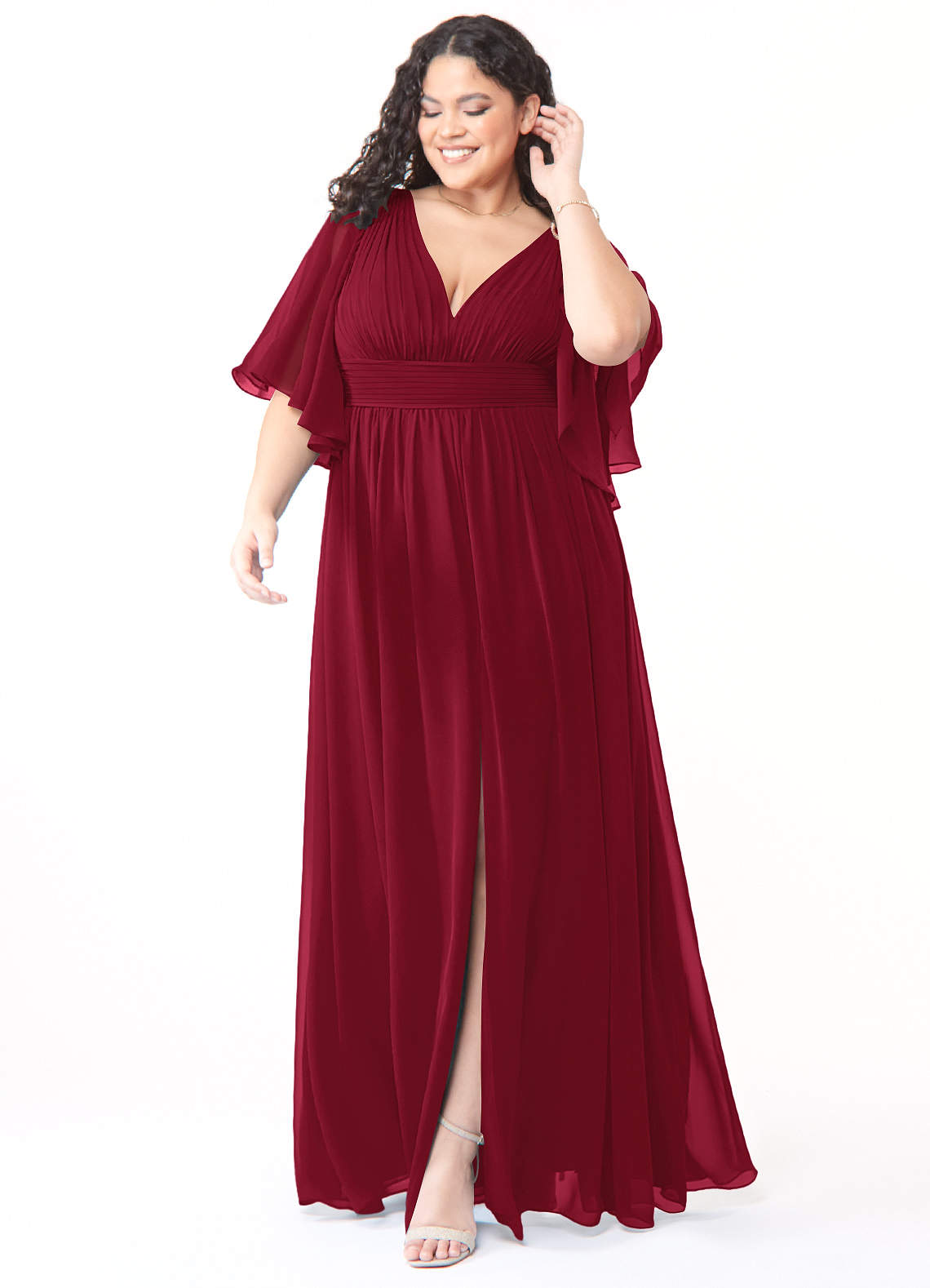 Azazie Temeka Robes de demoiselle d'honneur Robe Trapèze en Mousseline de soie Rayé Bourgogne image1