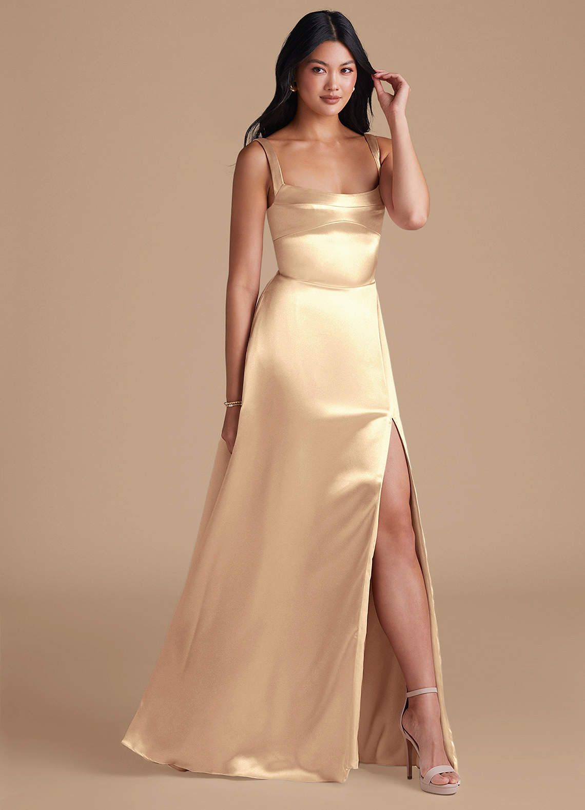 Azazie Hope Bridesmaid Dresses Gold A-Line with Pockets Metallic Satin Dress image1