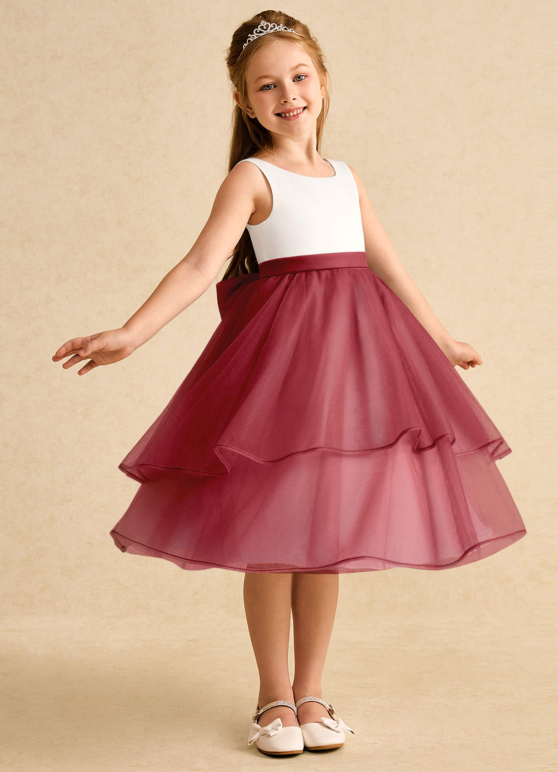 Azazie Rene Flower Girl Dresses Ivory Pomegranate A-Line Bow Tulle Dress image1