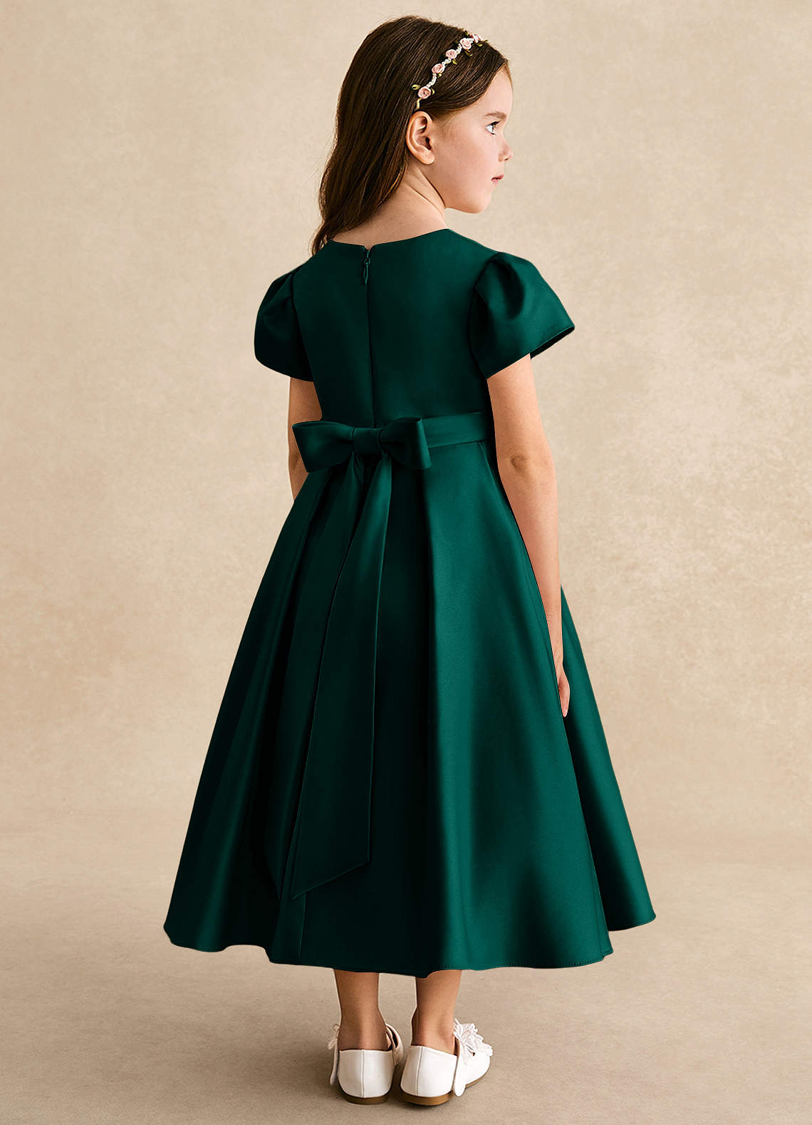 Azazie Princess Flower Girl Dresses Pine A-Line Pleated Matte Satin Dress image1