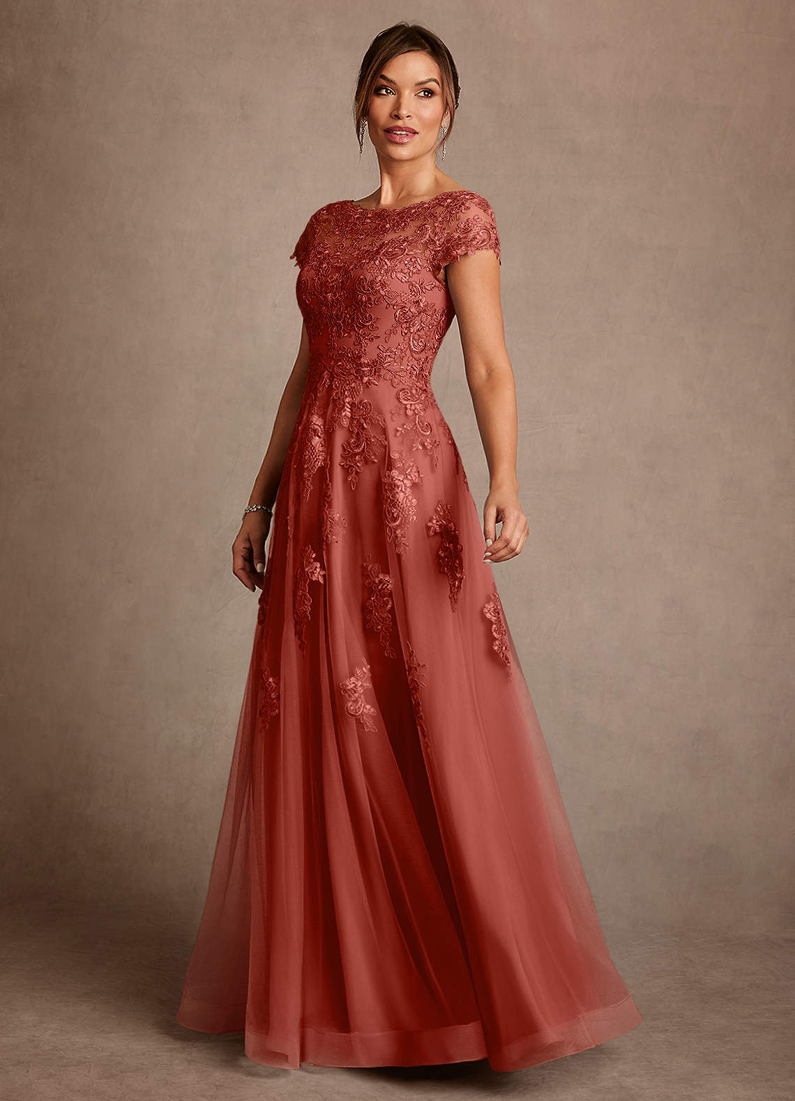 Azazie Jalinda Mère de la mariée Robes Robe Trapèze en Mousseline de soie Dentelle Terracotta image3