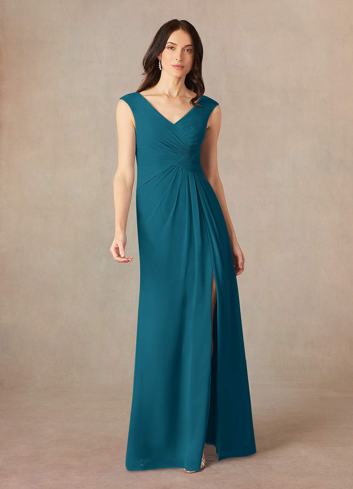 Azazie Sally Mother of the Bride Dresses Ink Blue A-Line V-Neck Pleated Chiffon Dress image1