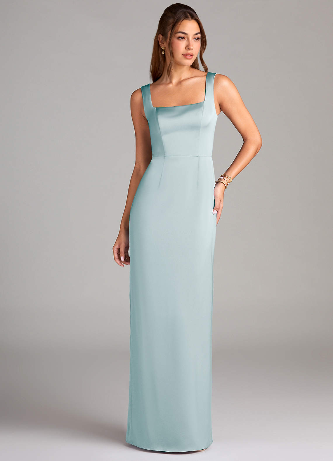 Azazie Flori Bridesmaid Dresses Sea Glass Sheath Side Slit Stretch Satin Dress image1