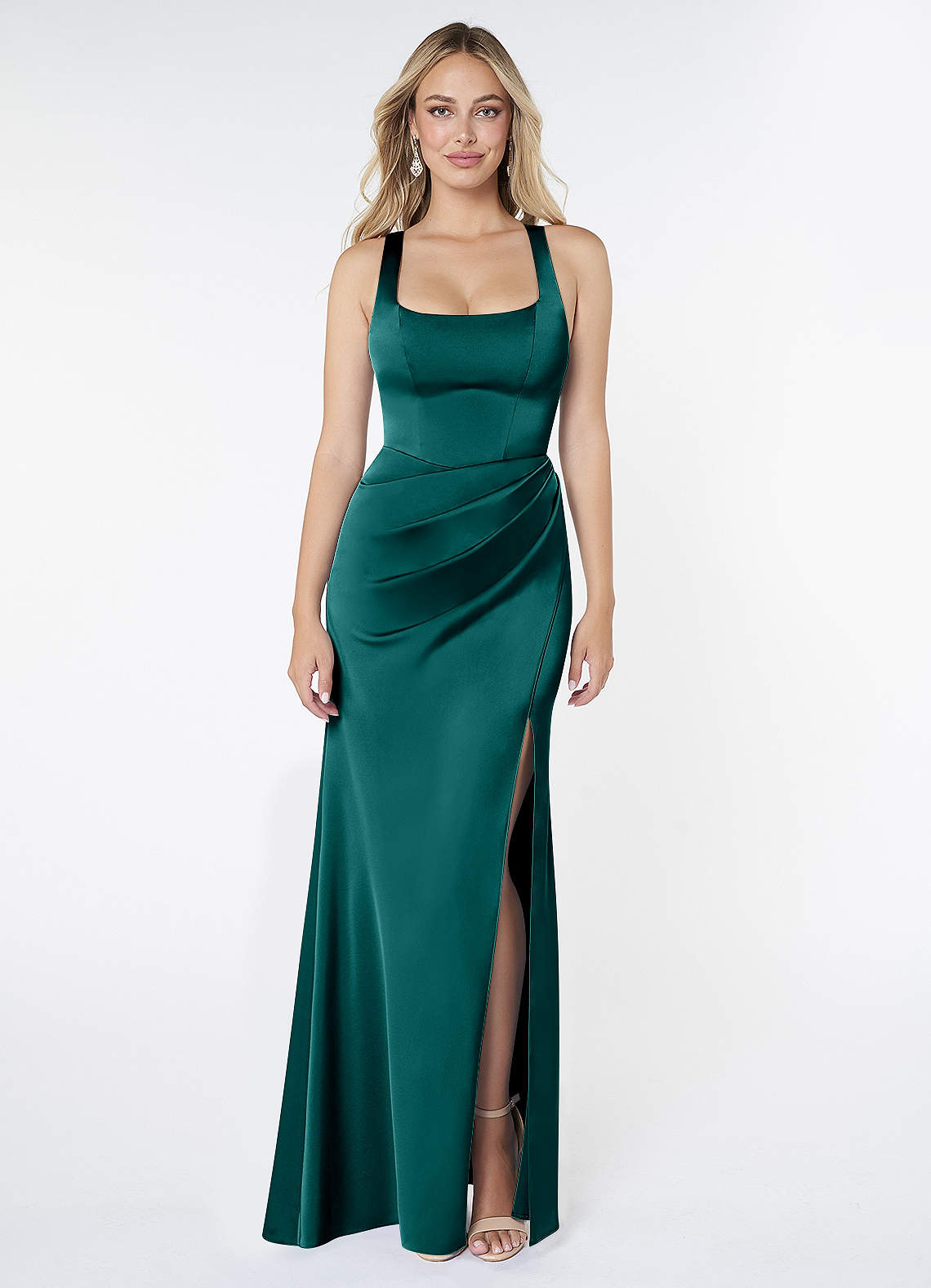 Azazie Mero Bridesmaid Dresses Peacock Sheath Pleated Stretch Satin Dress image1