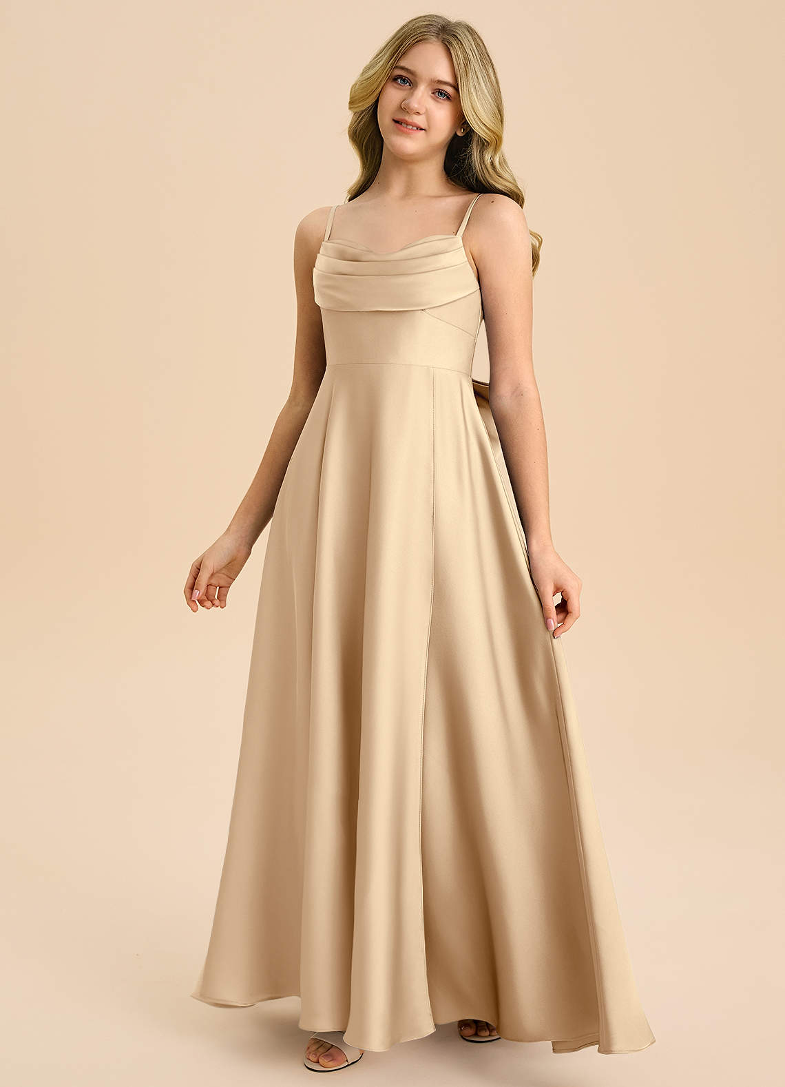 Azazie Bear Junior Champagne A-Line Sweetheart Neckline Stretch Satin Dress image3